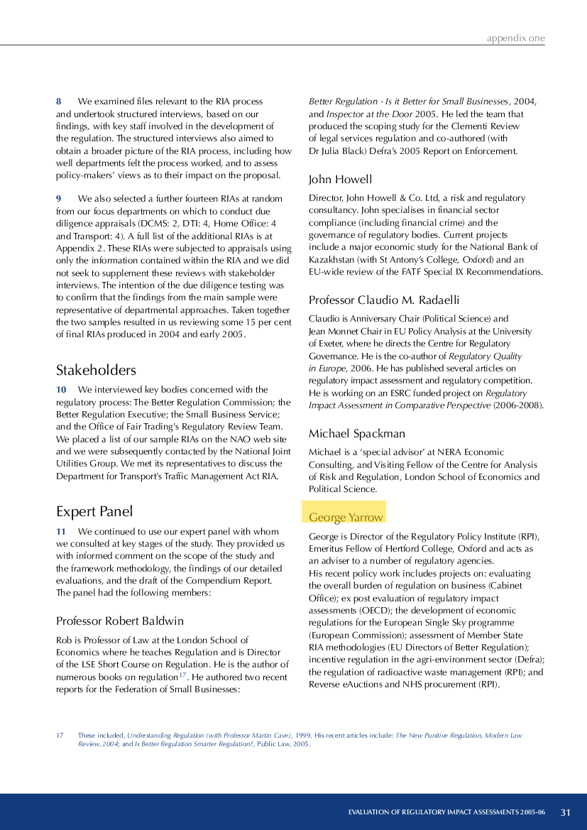 Evaluation of Regulatory Impact Assessments 2005-06 (NAO) Report - Overton